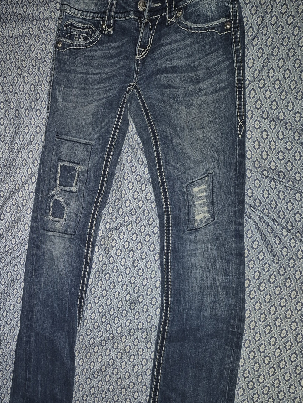 Rock Revival Dark Wash Skinny Jeans with Knee Patch Distressing